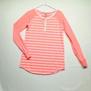 SO Intimates Coral Pink White Striped Long Sleeve Henley Sleep Shirt Womens‎ L